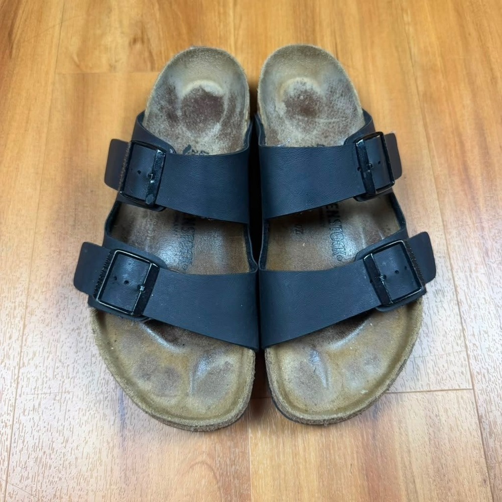 Birkenstock Arizona Sandals Mens 40 Black Birko-Flor Two Strap Slides Germany